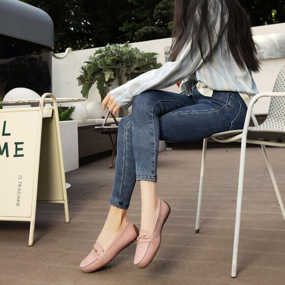 Kordal Women's Pink Leather Gold Accent Buckle Slip-Ons Walking Flats Loafers - Picture 6 of 9